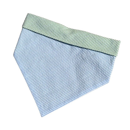 Blue Seersucker Bandana Dog Collar – Handmade USA Cotton Bandana Collar with Green Trim, Classic Seersucker Design, Easy Snap Buckle (XS–XL)