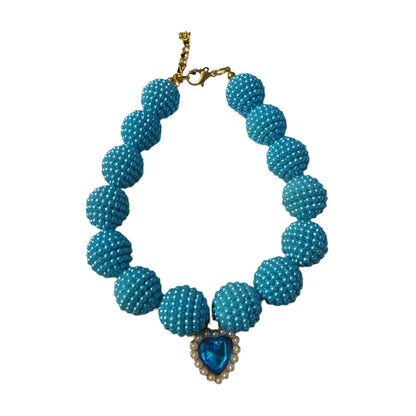 Crystal Heart Colorful Beaded Pearl Dog Necklace – Vibrant Beaded Collar with Crystal Heart Pendant (7 Colors, S–L)