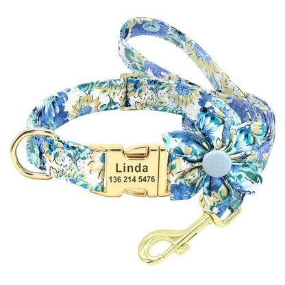 Blue Daisy Flower Dog Collar & Leash Set – Personalized Floral Dog Collar with Handsewn Flower & Engraving | Posh Dog Life