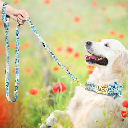 Blue Daisy Flower Dog Collar & Leash Set – Personalized Floral Dog Collar with Handsewn Flower & Engraving | Posh Dog Life
