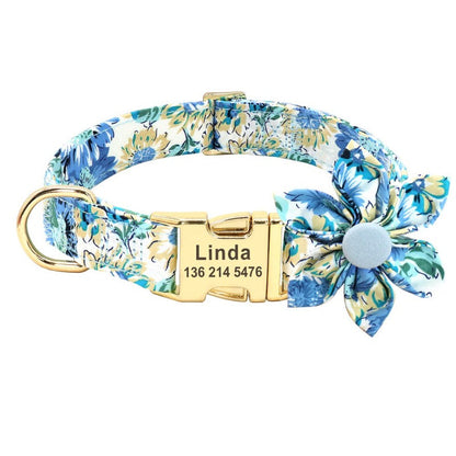 Blue Daisy Flower Dog Collar & Leash Set – Personalized Floral Dog Collar with Handsewn Flower & Engraving | Posh Dog Life