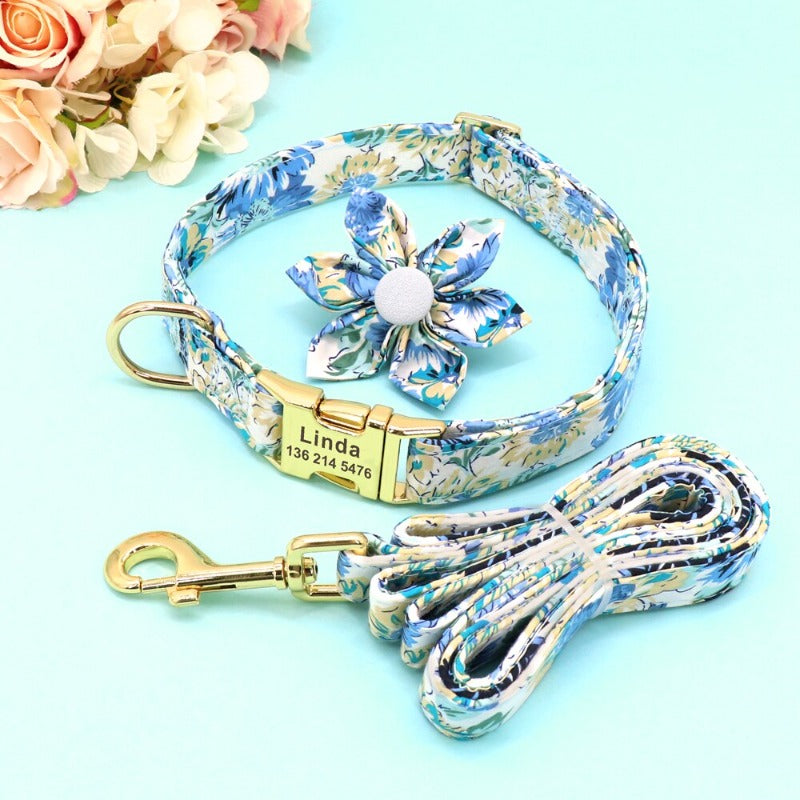 Blue Daisy Flower Dog Collar & Leash Set – Personalized Floral Dog Collar with Handsewn Flower & Engraving | Posh Dog Life