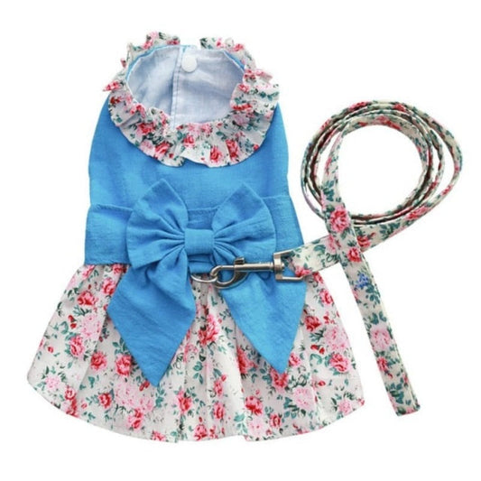 Blue Floral Harness Dog Dress & Leash Set – Lightweight Cotton Floral Bow Dress for Small Dogs (XS–2XL)