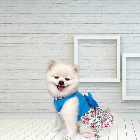 Blue Floral Harness Dog Dress & Leash Set – Lightweight Cotton Floral Bow Dress for Small Dogs (XS–2XL)