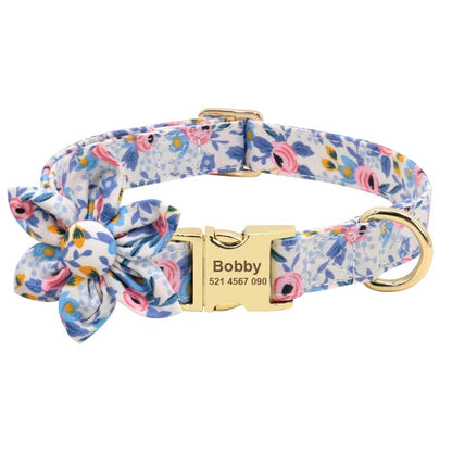 White Flower Dog Collar & Leash Set – Personalized Engraved, Adjustable Nylon (S–L)