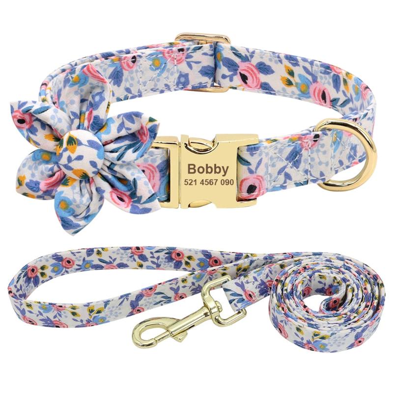 White Flower Dog Collar & Leash Set – Personalized Engraved, Adjustable Nylon (S–L)
