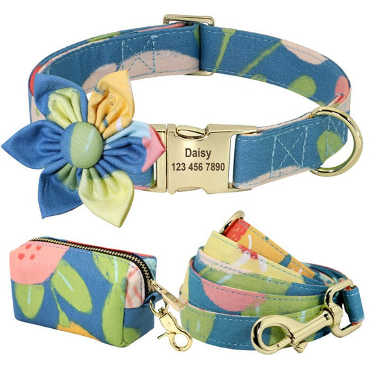 Blue Flower Dog Collar & Leash Set with Matching Poop Bag Case – Personalized Free Engraving, Adjustable Nylon Floral Collar with Gold Hardware & Detachable Flower, Matching 5-ft Leash (S–L, Small–Large Dogs)