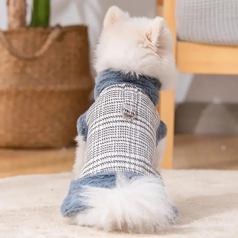 Winter Fleece-Lined Check Dog Harness Dress Coat – Warm Plaid Jacket with D-Ring for Small Dogs (XS–XXL, Red or Blue)