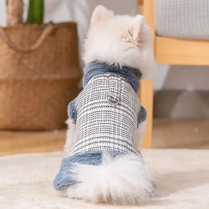 Winter Fleece-Lined Check Dog Harness Dress Coat – Warm Plaid Jacket with D-Ring for Small Dogs (XS–XXL, Red or Blue)