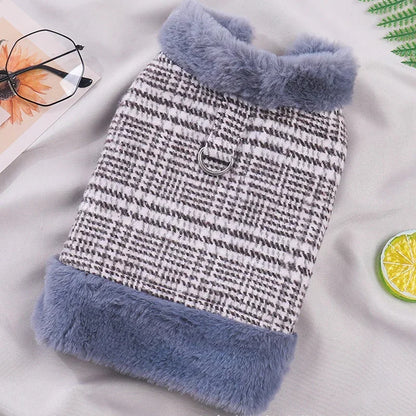 Winter Fleece-Lined Check Dog Harness Dress Coat – Warm Plaid Jacket with D-Ring for Small Dogs (XS–XXL, Red or Blue)