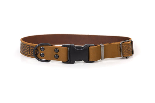 Celtic Sport Quick-Release Dog Collar – Earth Brown Leather with Black Hardware, Celtic Fire & Water Rune Design, and YKK Buckle