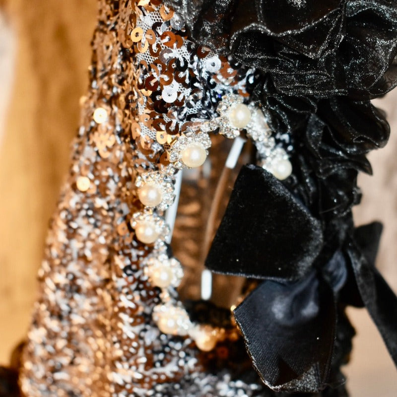 C’Mimi Designer Handmade “Studio 54” Dog Party Dress – Exquisite Silver Sequin & Black Tulle Couture Dress by Jan Ben, Adorned with Rhinestones & Faux Pearls. Handmade to Order (6–8 Weeks), Sizes XS–3XL, Custom Sizing Available.