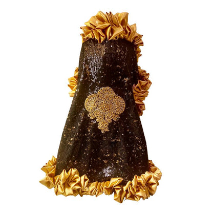 C’Mimi Designer Couture “Cleopatra” Dog Party Dress – Handmade Black & Gold Sequin Dress with Satin Ruffles and Bejeweled Appliqué (XS–3XL | Custom Sizes Available)