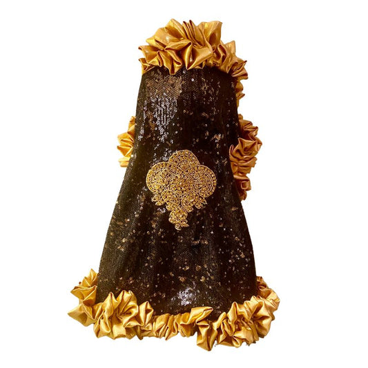 C’Mimi Designer Couture “Cleopatra” Dog Party Dress – Handmade Black & Gold Sequin Dress with Satin Ruffles and Bejeweled Appliqué (XS–3XL | Custom Sizes Available)