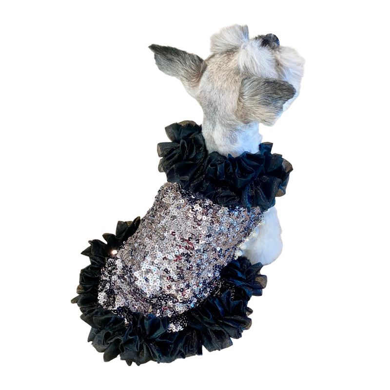C’Mimi Designer Handmade “Studio 54” Dog Party Dress – Exquisite Silver Sequin & Black Tulle Couture Dress by Jan Ben, Adorned with Rhinestones & Faux Pearls. Handmade to Order (6–8 Weeks), Sizes XS–3XL, Custom Sizing Available.