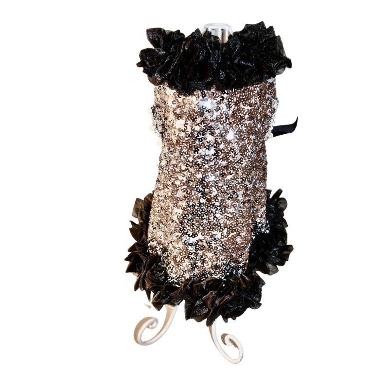 C’Mimi Designer Handmade “Studio 54” Dog Party Dress – Exquisite Silver Sequin & Black Tulle Couture Dress by Jan Ben, Adorned with Rhinestones & Faux Pearls. Handmade to Order (6–8 Weeks), Sizes XS–3XL, Custom Sizing Available.