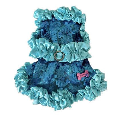 C’Mimi Designer Couture Shimmering Blue Dog Party Dress – Handmade aqua satin and sequin couture dress with rhinestone details, designed by Jan Ben. One-of-a-kind and made to order (6–8 weeks). Sizes XS–3XL, custom sizes available.