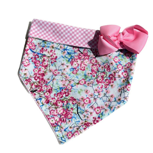 Cherry Blossoms Bandana Dog Collar with Bow – Handmade in USA by Chloe & Max, 100% Cotton Bandana Collar with Pink Gingham Trim & Bow, Available in 5 Sizes (XS–XL)