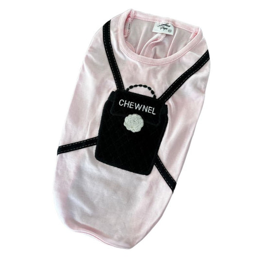 Chanel-Inspired Chewnel Black Backpack Embroidered Dog T-Shirt – Luxury Designer-Style Pink Tee by Aventura Pups, 100% Pima Cotton with Embroidered Chewnel Backpack Design, Perfect for Small Dogs (USA Only)