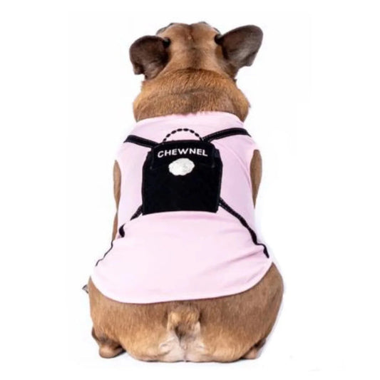 Chanel-Inspired Chewnel Black Backpack Embroidered Dog T-Shirt – Luxury Designer-Style Pink Tee by Aventura Pups, 100% Pima Cotton with Embroidered Chewnel Backpack Design, Perfect for Small Dogs (USA Only)