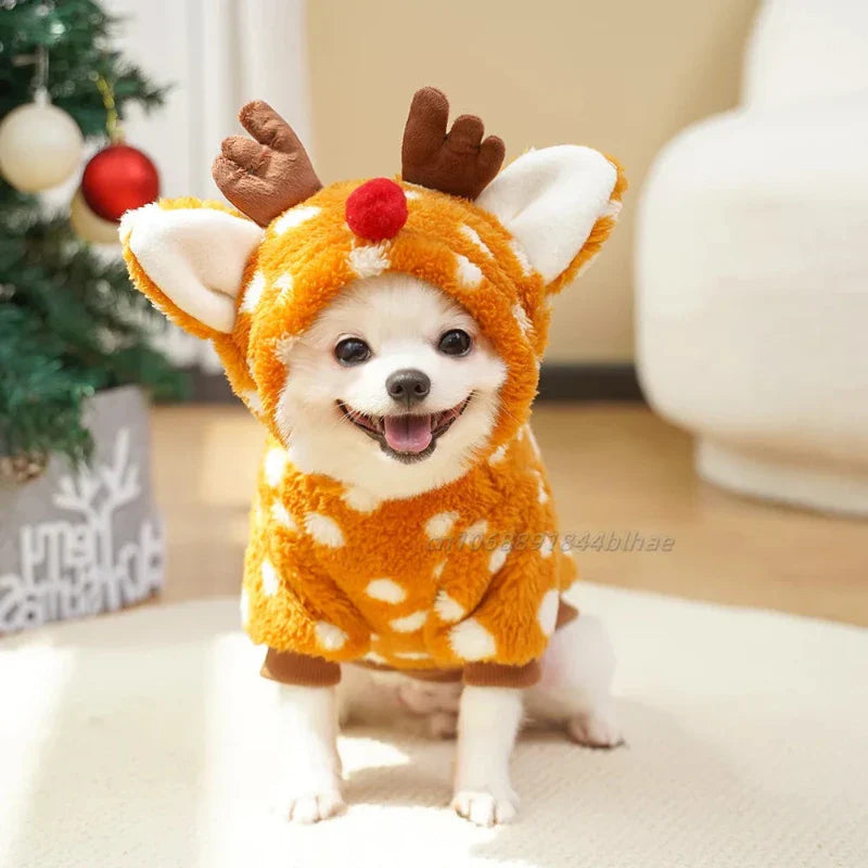 Christmas Reindeer Fleece Dog Hoodie with Antlers – Cozy Mustard Pullover Holiday Outfit for Small & Medium Dogs (XS–XXL)