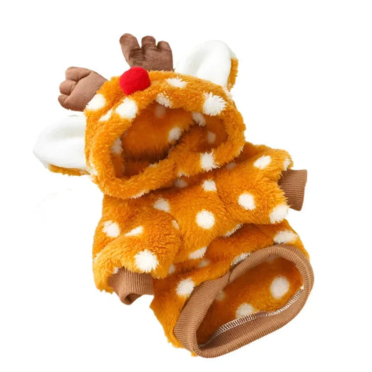 Christmas Reindeer Fleece Dog Hoodie with Antlers – Cozy Mustard Pullover Holiday Outfit for Small & Medium Dogs (XS–XXL)