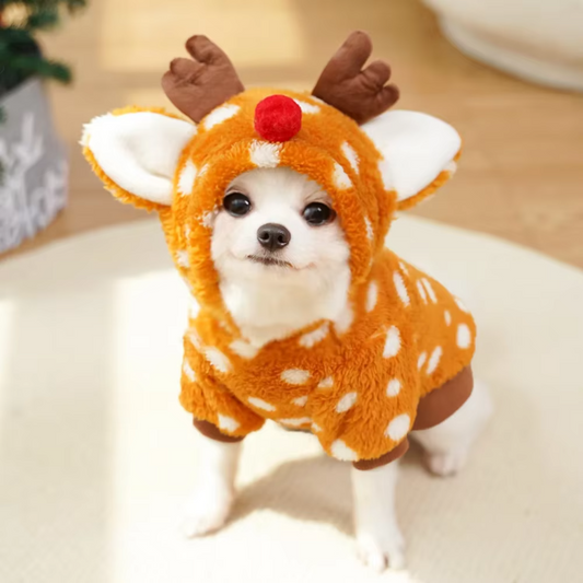 Christmas Reindeer Fleece Dog Hoodie with Antlers – Cozy Mustard Pullover Holiday Outfit for Small & Medium Dogs (XS–XXL)