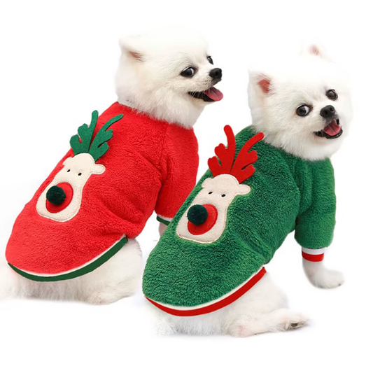 Christmas Reindeer Plush Dog Sweatshirt – Soft Red or Green Holiday Pullover for Small & Medium Dogs (XS–XXL)