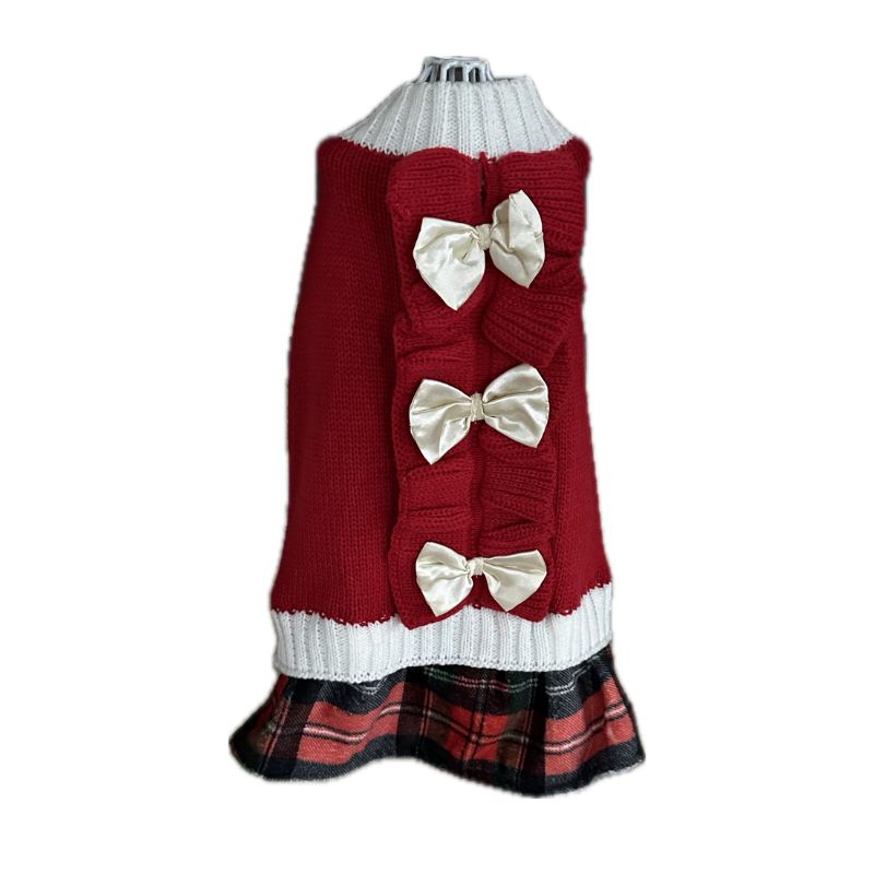 Red Christmas Bow Sweater Dog Dress – Festive Red Holiday Dress with White Satin Bows & Plaid Flannel Skirt, Soft Acrylic Knit for Small Dogs; Perfect for Christmas Photos & Parties (Size S)