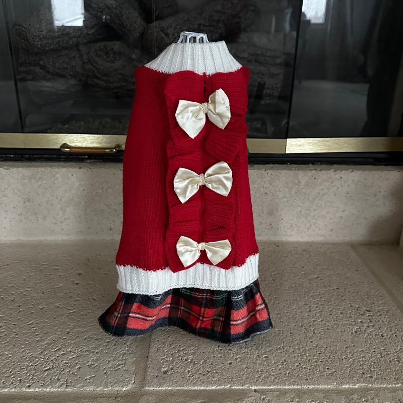 Red Christmas Bow Sweater Dog Dress – Festive Red Holiday Dress with White Satin Bows & Plaid Flannel Skirt, Soft Acrylic Knit for Small Dogs; Perfect for Christmas Photos & Parties (Size S)