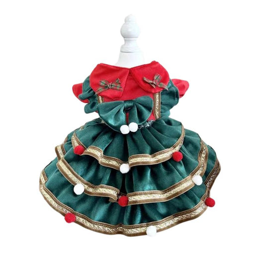 Designer Handmade Green Christmas Tree Dog Dress – Festive Ruffled Velvet Holiday Dress with Gold Ribbon & Pom Pom Ornaments (XS–XL, for Small & Medium Dogs)