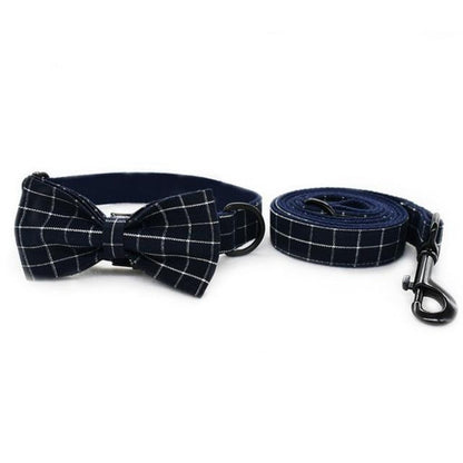 Classic Navy Check Bow Tie Dog Collar & Leash Set | Personalized Engraving – Handmade Cotton, XS–XL