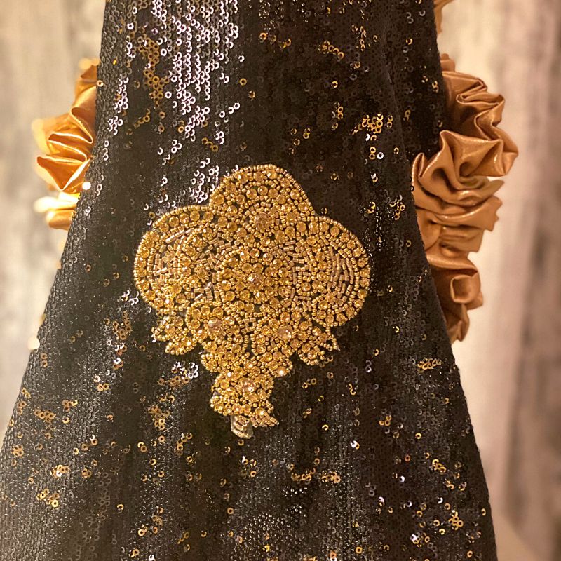 C’Mimi Designer Couture “Cleopatra” Dog Party Dress – Handmade Black & Gold Sequin Dress with Satin Ruffles and Bejeweled Appliqué (XS–3XL | Custom Sizes Available)
