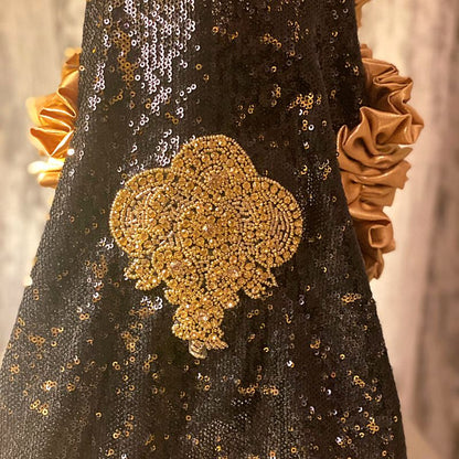 C’Mimi Designer Couture “Cleopatra” Dog Party Dress – Handmade Black & Gold Sequin Dress with Satin Ruffles and Bejeweled Appliqué (XS–3XL | Custom Sizes Available)