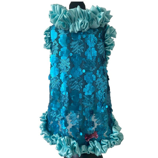 C’Mimi Designer Couture Shimmering Blue Dog Party Dress – Handmade aqua satin and sequin couture dress with rhinestone details, designed by Jan Ben. One-of-a-kind and made to order (6–8 weeks). Sizes XS–3XL, custom sizes available.