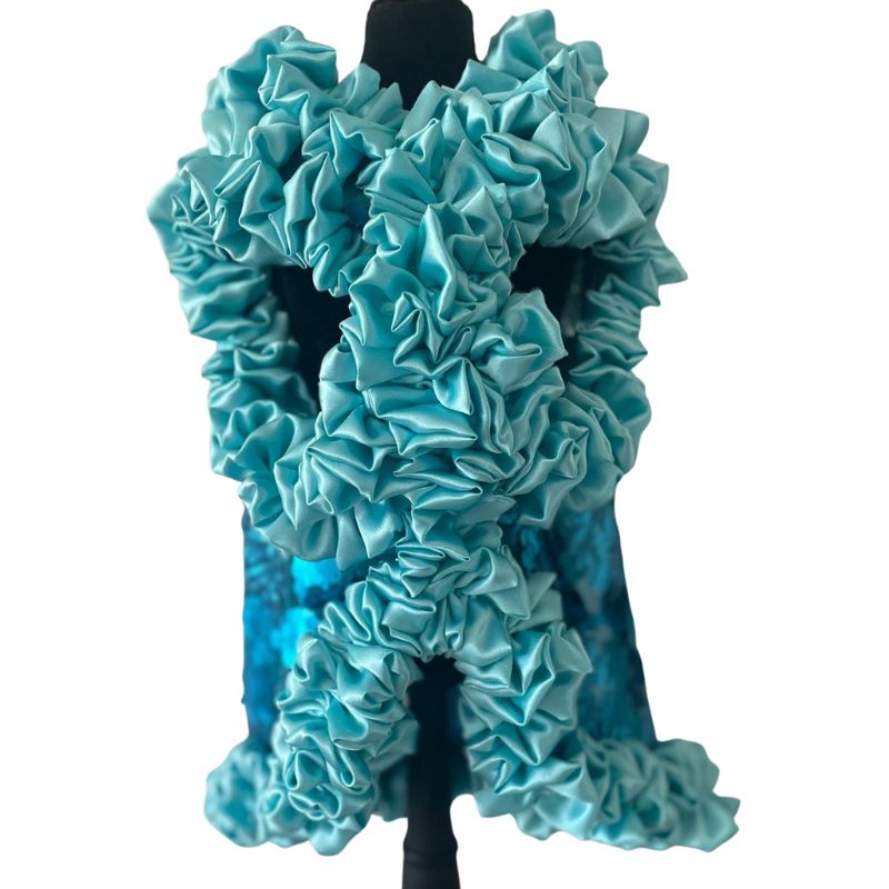 C’Mimi Designer Couture Shimmering Blue Dog Party Dress – Handmade aqua satin and sequin couture dress with rhinestone details, designed by Jan Ben. One-of-a-kind and made to order (6–8 weeks). Sizes XS–3XL, custom sizes available.