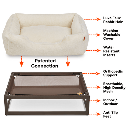 FÜZI Elevated Dog Bed – Soft White Bolster & Dark Brown Metal Base