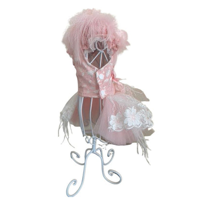 Designer Handmade “Sophia” Dog Party Dress – Luxury Pink Satin, Lace & Tulle Dress with Feathers and Floral Appliqué (XS–XL | Custom Sizes Available)