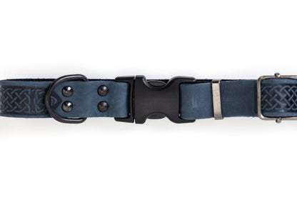 Celtic Sport Quick-Release Dog Collar – Blue Jeans Leather with Black Hardware, Celtic Fire & Water Rune Design, and YKK Buckle