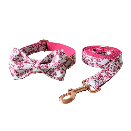 Cottage Rose Bow Tie Dog Collar & Leash Set | Personalized Free – Handmade Adjustable Floral Set for All Breeds