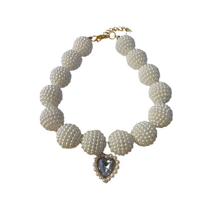 Crystal Heart Colorful Beaded Pearl Dog Necklace – Vibrant Beaded Collar with Crystal Heart Pendant (7 Colors, S–L)