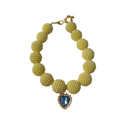 Crystal Heart Colorful Beaded Pearl Dog Necklace – Vibrant Beaded Collar with Crystal Heart Pendant (7 Colors, S–L)