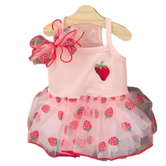 Cute Strawberry Dog Dress – Pink Tulle Summer Outfit for Small Dogs & Puppies (XS–XL)