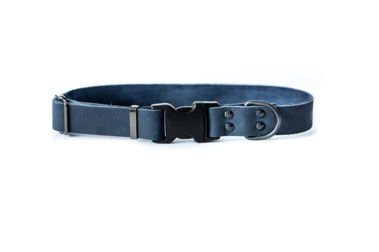Sport Style Quick-Release Dog Collar – Blue Jeans Full-Grain American Leather with Black Hardware, YKK Buckle, and European Steel