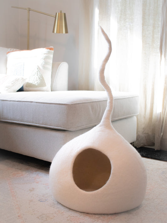 Fuzzy Cove Snow White Tail Style Felted Wool Cat Cave – Modern Peekaboo Cozy Bed for Cats