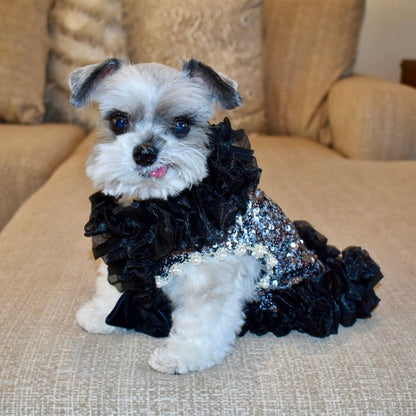 C’Mimi Designer Handmade “Studio 54” Dog Party Dress – Exquisite Silver Sequin & Black Tulle Couture Dress by Jan Ben, Adorned with Rhinestones & Faux Pearls. Handmade to Order (6–8 Weeks), Sizes XS–3XL, Custom Sizing Available.