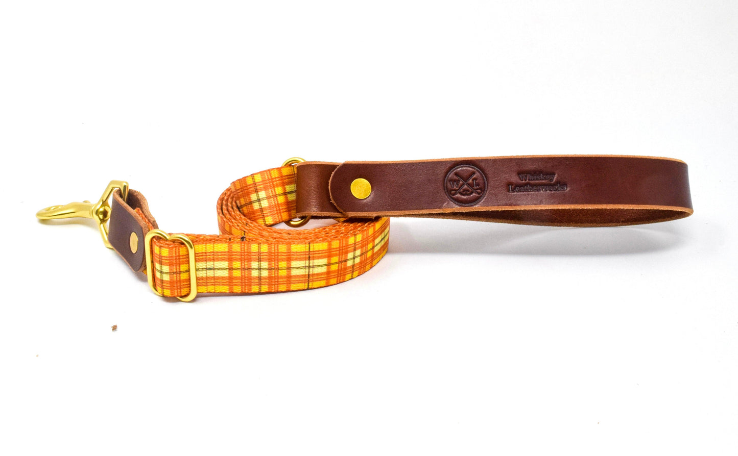 Whiskey Tartan Dog Leash – Handcrafted Leather & Brass (Fixed or Adjustable)