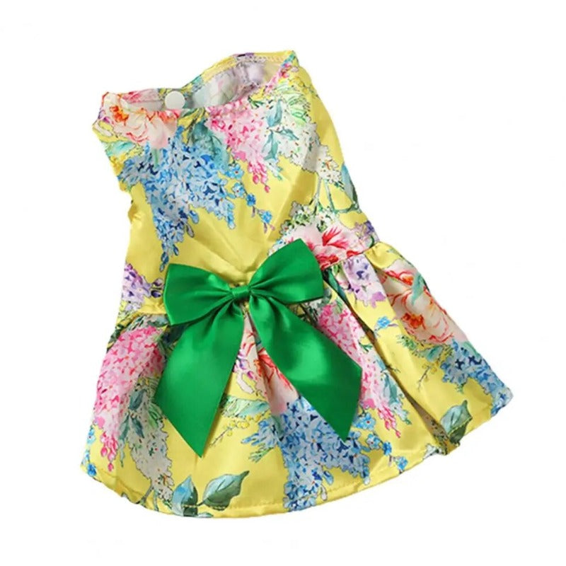 Yellow Floral Dog Party Dress – Elegant Satin Dog Dress with Green Bow & Tulle Skirt for Small Breeds | Posh Dog Life