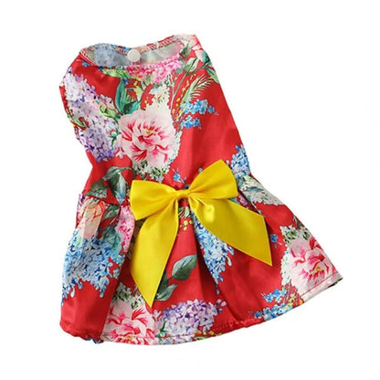 Red Floral Dog Party Dress | Elegant Satin Dress with Yellow Bow for Small Dogs