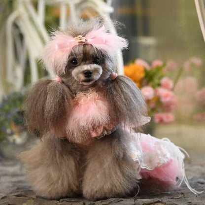 Designer Handmade “Sophia” Dog Party Dress – Luxury Pink Satin, Lace & Tulle Dress with Feathers and Floral Appliqué (XS–XL | Custom Sizes Available)